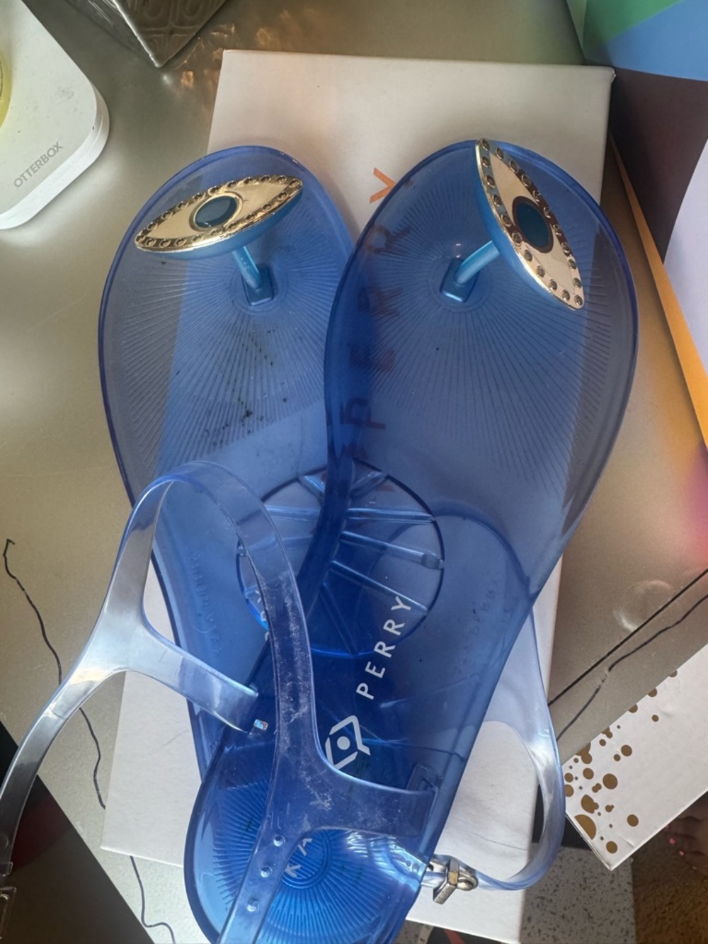 Katy Perry Collections Transparent Blue Jelly Sandals with Eye Accent - Picture 2 of 3